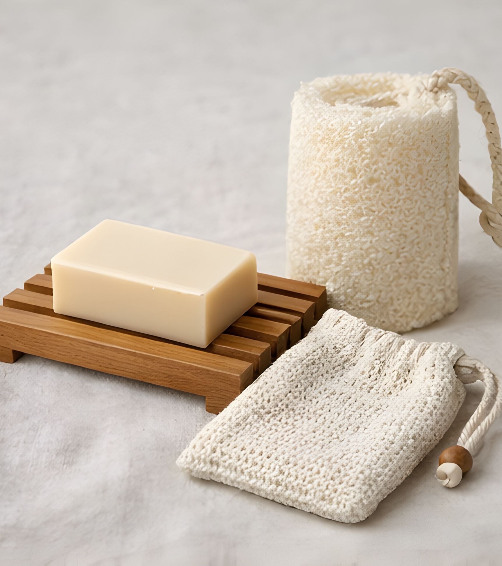 Natural bath accessories set with wood soap dish, loofah sponge, soap pouch, and handmade soap on linen fabric