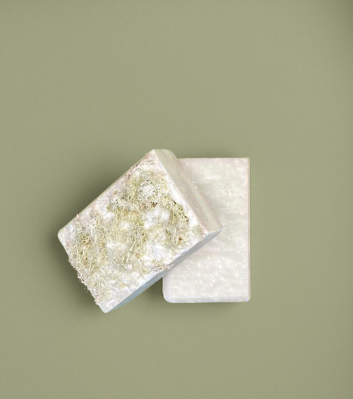 Detailed view of Lina Soap loofah bar showing natural exfoliating fibers within the soap.