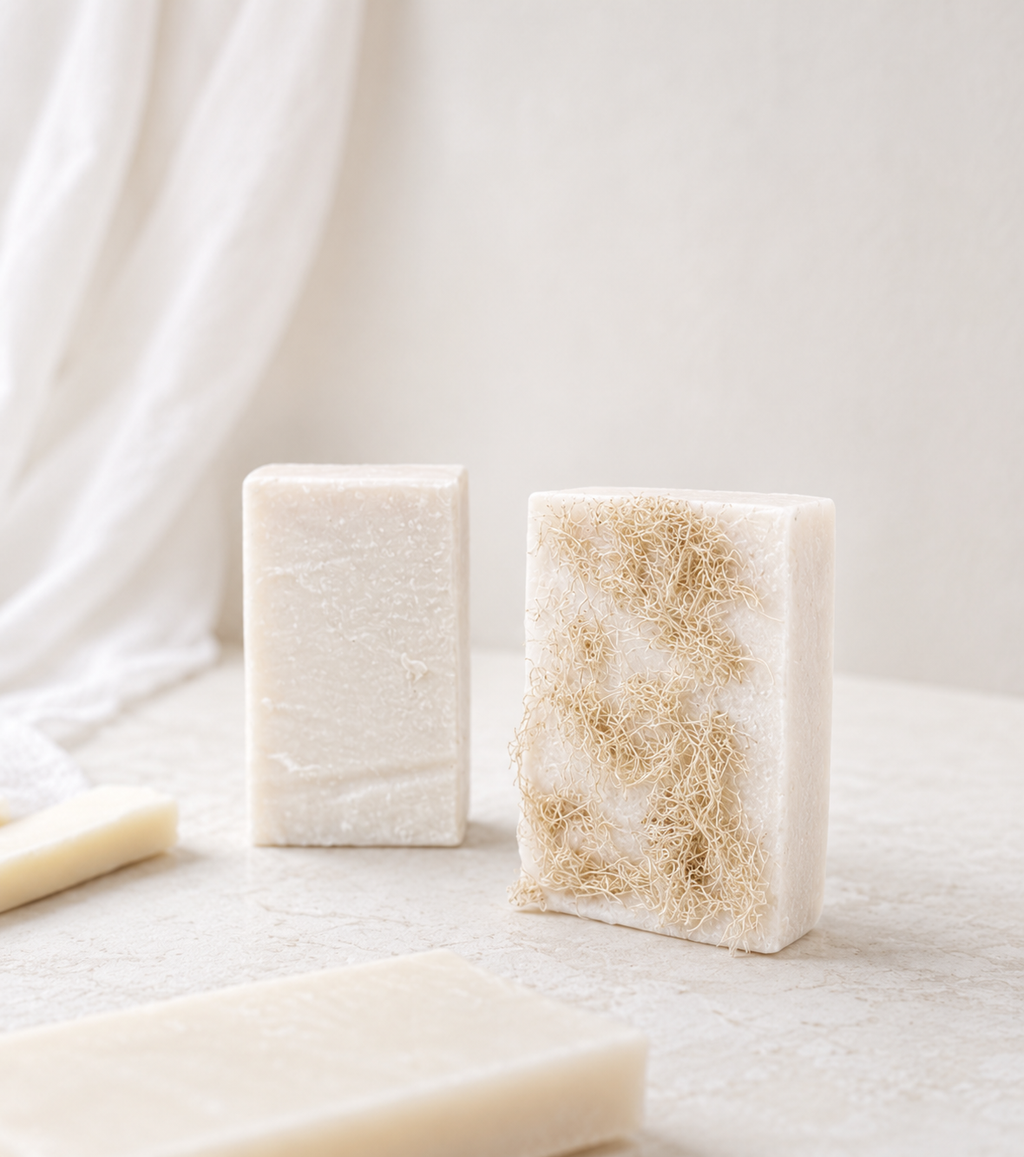 Natural loofah soap bar handmade with nourishing plant-based ingredients, featuring an exfoliating loofah layer for gentle skin cleansing and exfoliation, displayed on a neutral spa-inspired background.