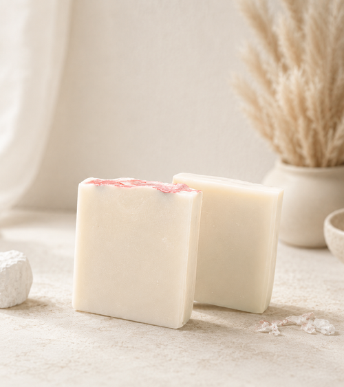 Handmade artisan soap bars with a creamy ivory finish and pink mineral crystal topping, displayed on a neutral spa-inspired background with soft natural lighting