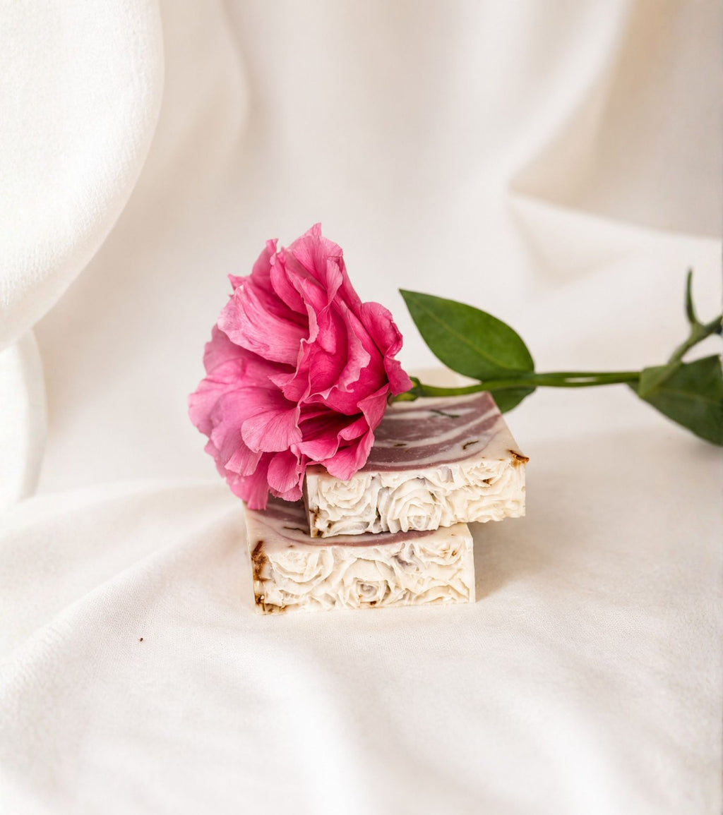 Gardenia Bar handmade floral soap featuring Brazilian purple clay, rose petals, and a luxurious gardenia fragrance.