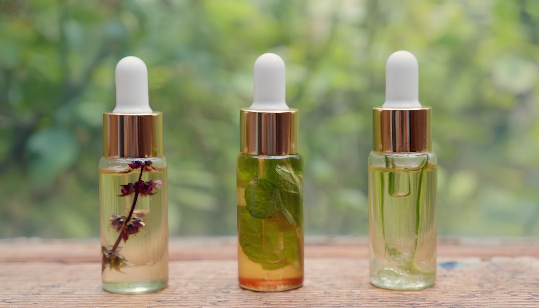 Natural botanical oil dropper bottles with infused herbs displayed on a wooden surface in soft natural light.