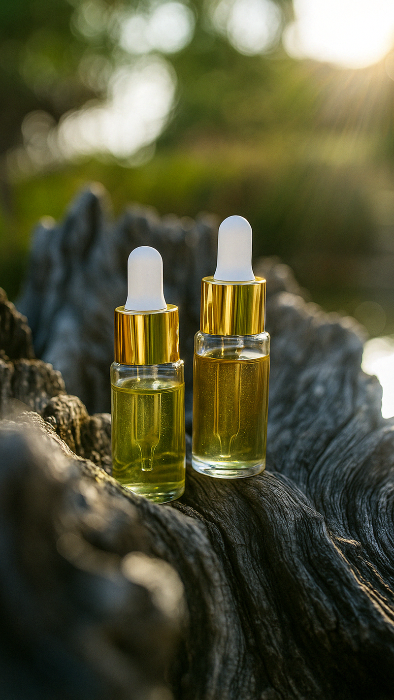 Two glass dropper bottles filled with golden oil placed on textured tree bark in natural sunlight.
